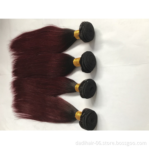 two tone ombre color dark red straight hair weave, natural Brazilian hair